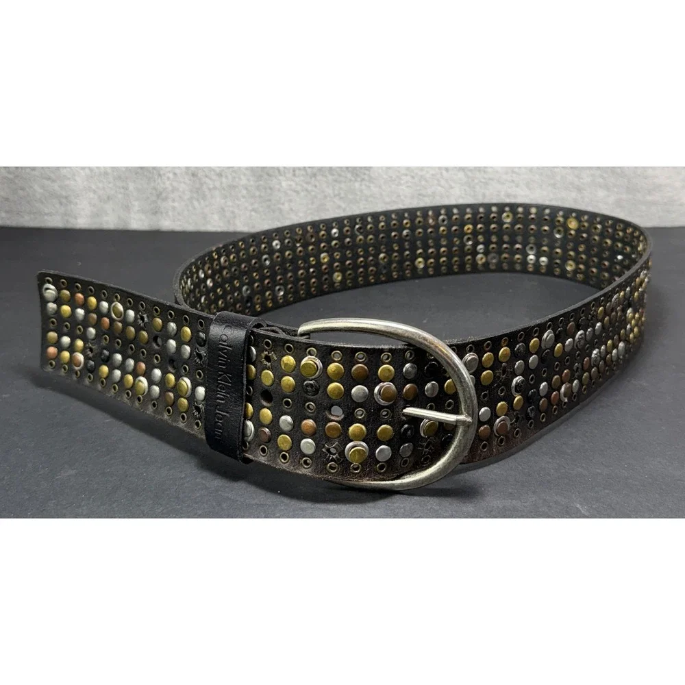 Calvin Klein Jeans Studded Belt Womens M Brown Leather Mixed Metal Wide Boho
